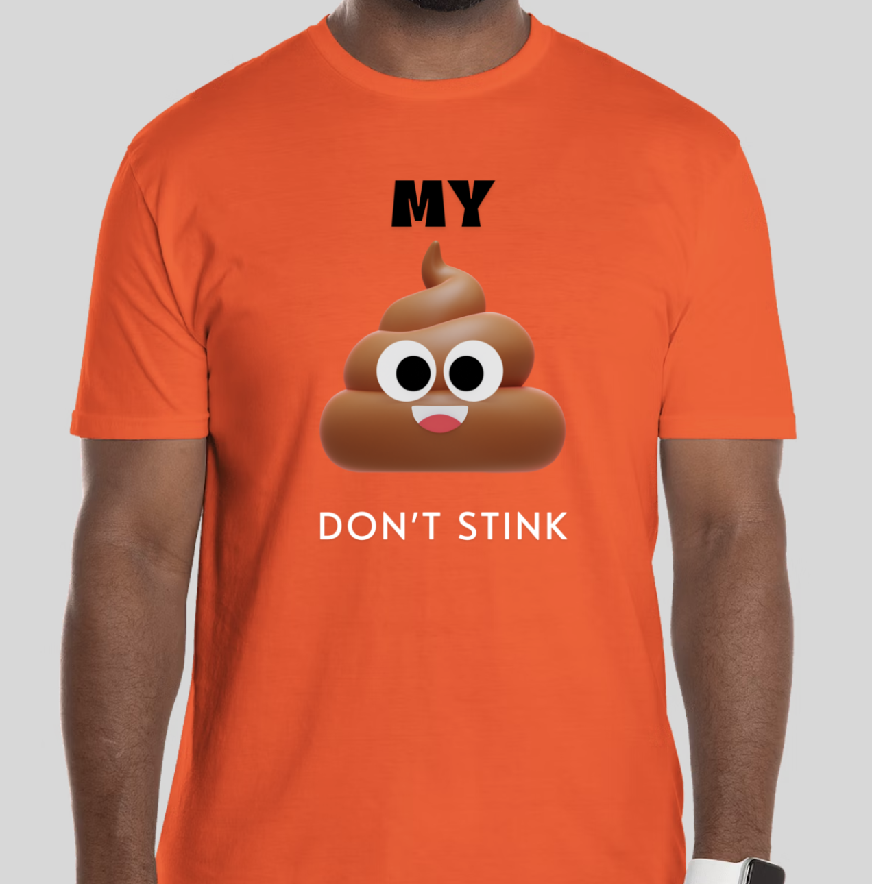 The Don't Stink t-shirt features the poop emoji alongside a popular phrase. The classic BHS logo is applied to the back of the t-shirt.
